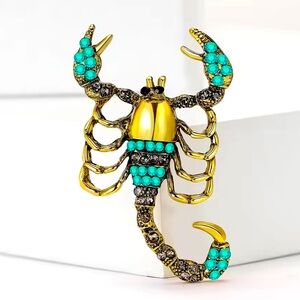 SCORPION BROOCH TURQUOISE GOLD AND RHINESTONES ALSO COMES IN ORANGE